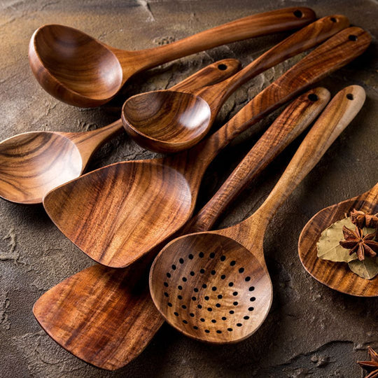 7-Piece Eco-Friendly Teak Wooden Cooking Utensil Set – Durable Kitchen Tools for All Cooking Tasks