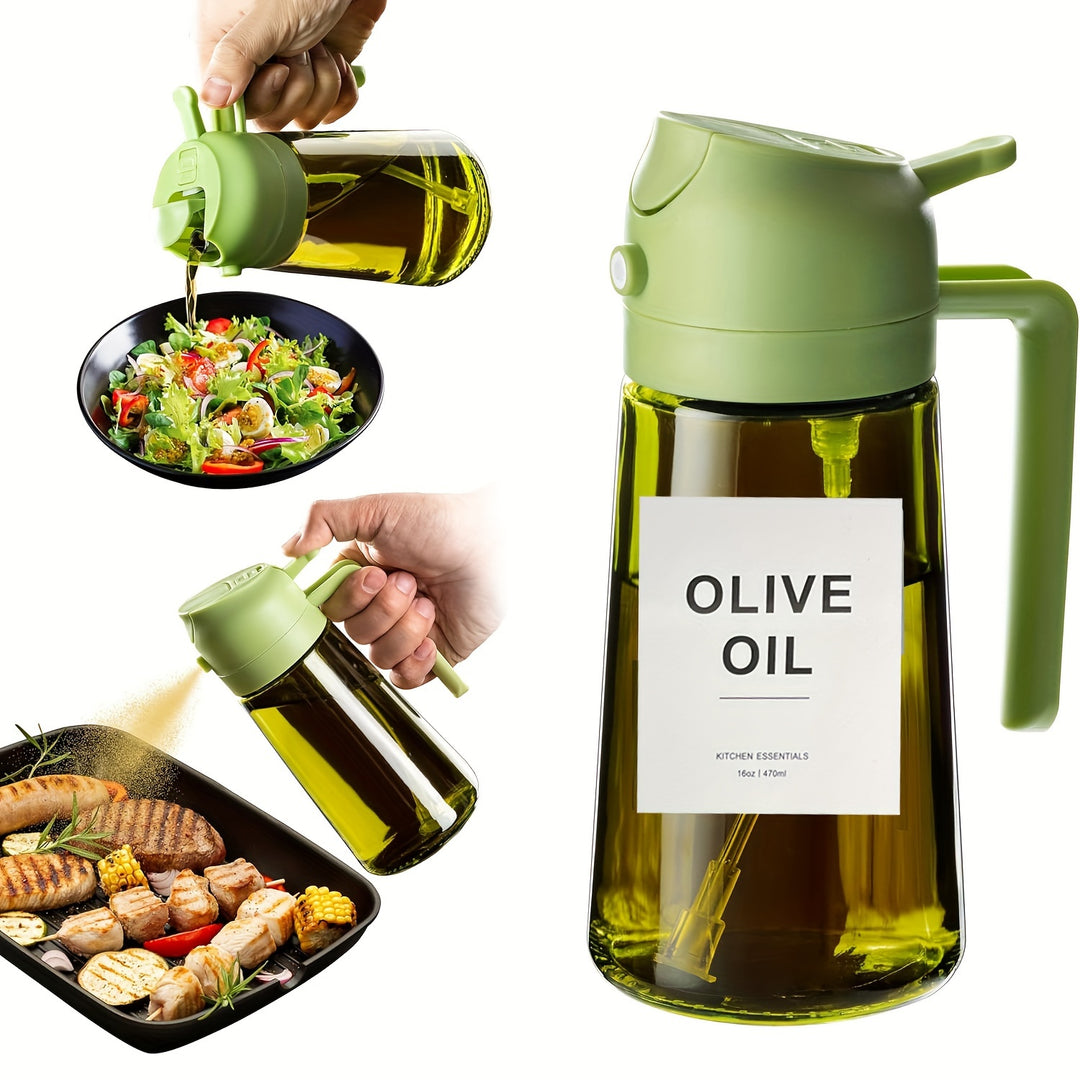 16oz Olive Green Glass Oil Dispenser & Sprayer - Auto Flip Cap, Light-Blocking Bottle + Labels