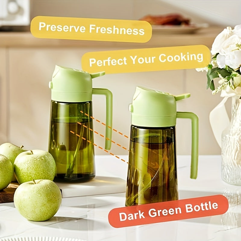 16oz Olive Green Glass Oil Dispenser & Sprayer - Auto Flip Cap, Light-Blocking Bottle + Labels