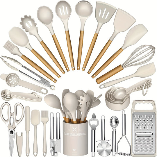 34PCS Silicone Kitchen Utensil Set - Heat Resistant, Nonstick Cooking Tools with Holder & Wooden Handles