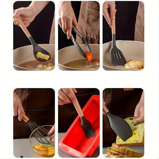 12pcs Heat Resistant Silicone Kitchen Utensils Set - BPA Free, Non-Toxic, Non-Stick Spatula, Spoon, Brush & Mixer for Cooking & Baking