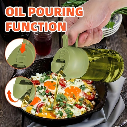 16oz Olive Green Glass Oil Dispenser & Sprayer - Auto Flip Cap, Light-Blocking Bottle + Labels