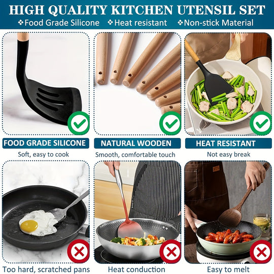 43-Piece Non-Stick Cookware Set with Heat-Resistant Wooden Handles & BPA-Free Silicone Utensils – Non-Toxic & Durable Kitchen Essentials