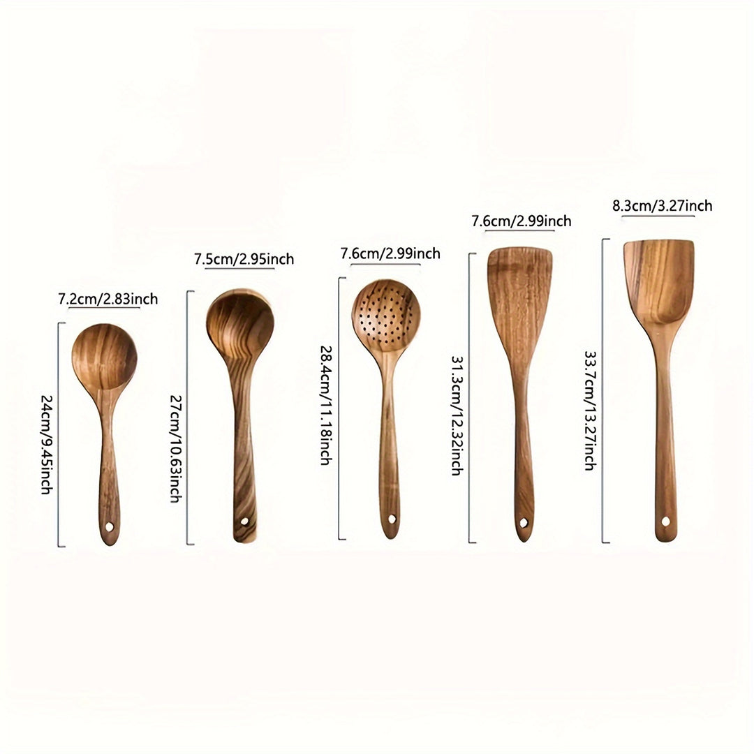 5pcs Premium Non-Toxic Heat Resistant Wooden Kitchen Utensils Set – Durable Spoons & Spurtles for Cooking & Baking