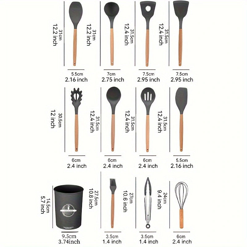 12pcs Heat Resistant Silicone Kitchen Utensils Set - BPA Free, Non-Toxic, Non-Stick Spatula, Spoon, Brush & Mixer for Cooking & Baking
