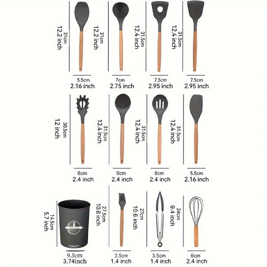 12pcs Heat Resistant Silicone Kitchen Utensils Set - BPA Free, Non-Toxic, Non-Stick Spatula, Spoon, Brush & Mixer for Cooking & Baking