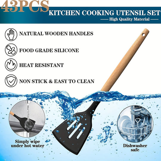 43-Piece Non-Stick Cookware Set with Heat-Resistant Wooden Handles & BPA-Free Silicone Utensils – Non-Toxic & Durable Kitchen Essentials