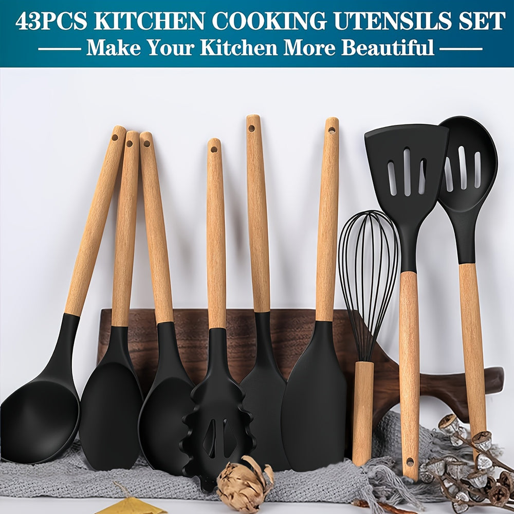 43-Piece Non-Stick Cookware Set with Heat-Resistant Wooden Handles & BPA-Free Silicone Utensils – Non-Toxic & Durable Kitchen Essentials