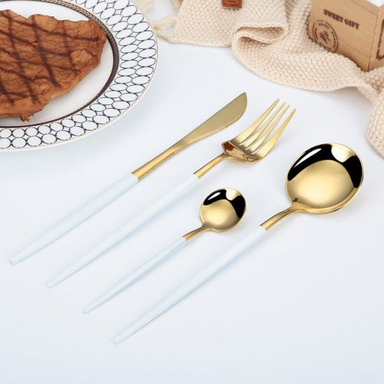 Modern White and Gold Flatware Set – 24-Piece Stainless Steel Cutlery for Elegant Dining