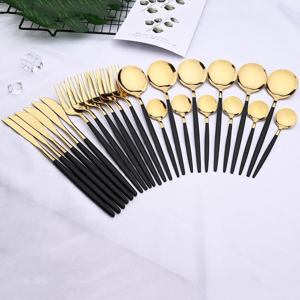 Modern Black and Gold Flatware Set – 24-Piece Stainless Steel Cutlery Set for Elegant Dining