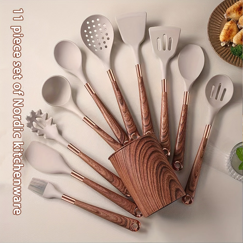 11pcs BPA-Free Non-Stick Wood and Silicone Kitchen Utensil Set – Heat Resistant Cooking Tools & Gadgets