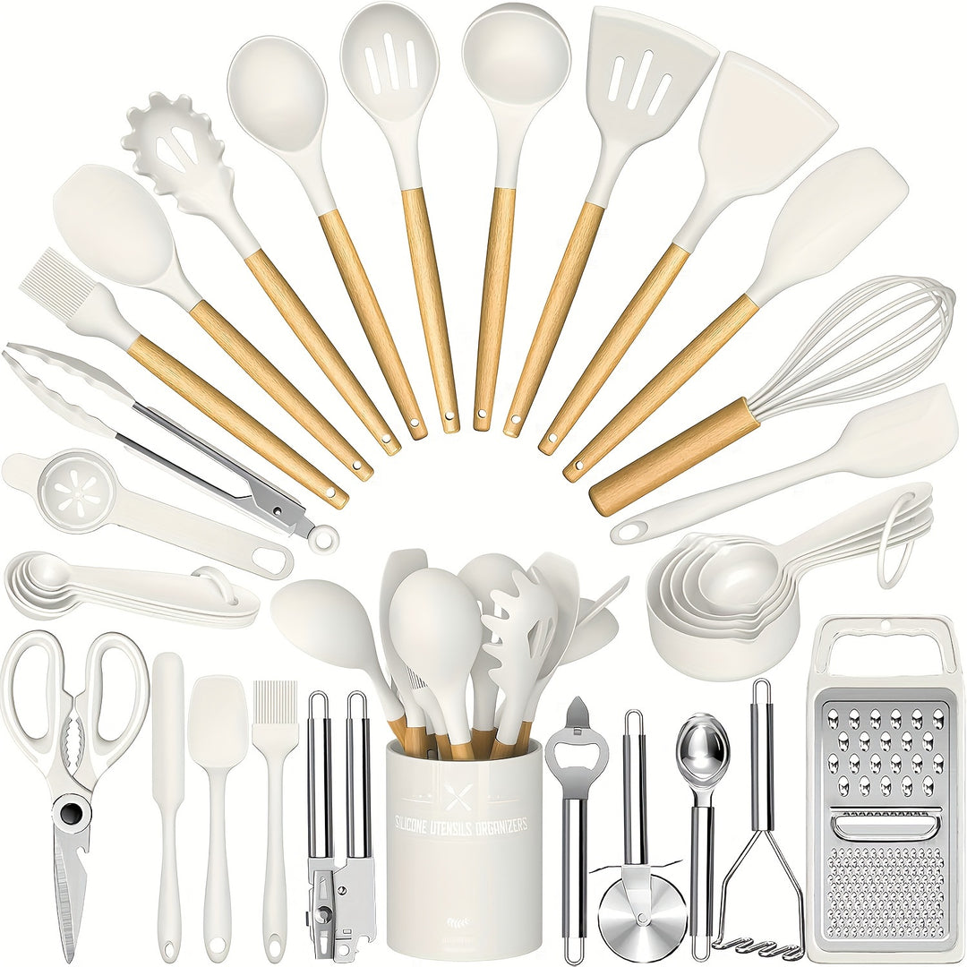 34PCS Silicone Kitchen Utensil Set - Heat Resistant, Nonstick Cooking Tools with Holder & Wooden Handles