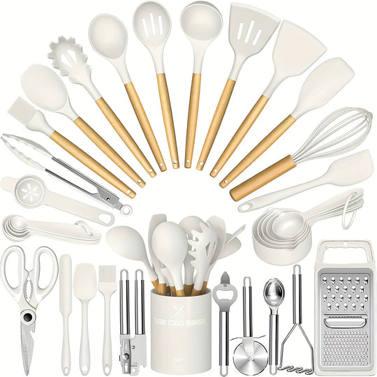 34PCS Silicone Kitchen Utensil Set - Heat Resistant, Nonstick Cooking Tools with Holder & Wooden Handles