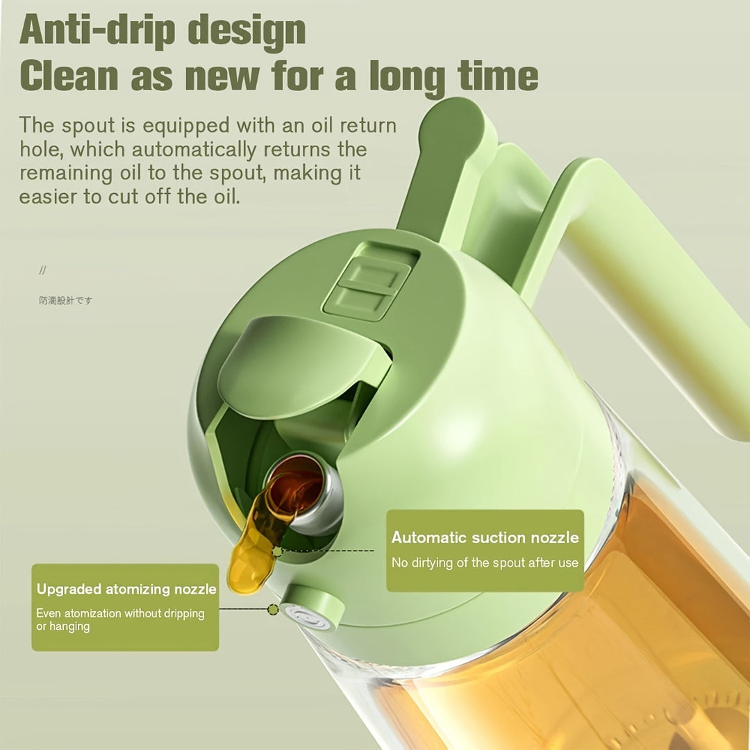 16oz Olive Green Glass Oil Dispenser & Sprayer - Auto Flip Cap, Light-Blocking Bottle + Labels