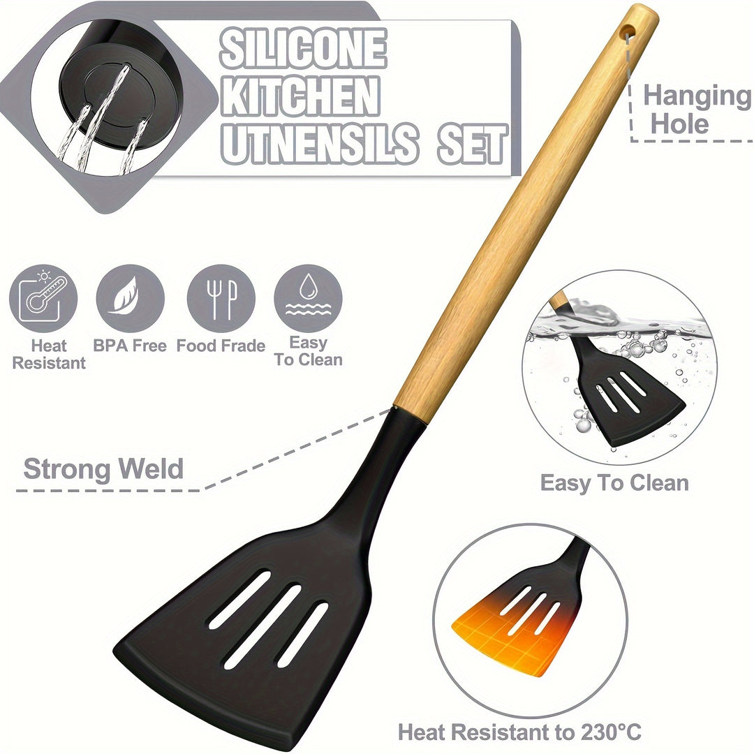 34PCS Silicone Kitchen Utensil Set - Heat Resistant, Nonstick Cooking Tools with Holder & Wooden Handles