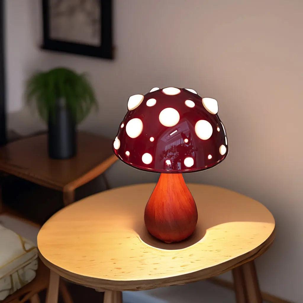 Mushroom-Inspired Table Lamp with Adjustable Lighting – Cordless Design, Wood Base and Aluminium Dome for Cozy Home Illumination
