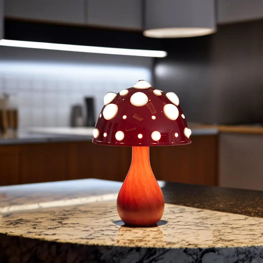 Mushroom-Inspired Table Lamp with Adjustable Lighting – Cordless Design, Wood Base and Aluminium Dome for Cozy Home Illumination