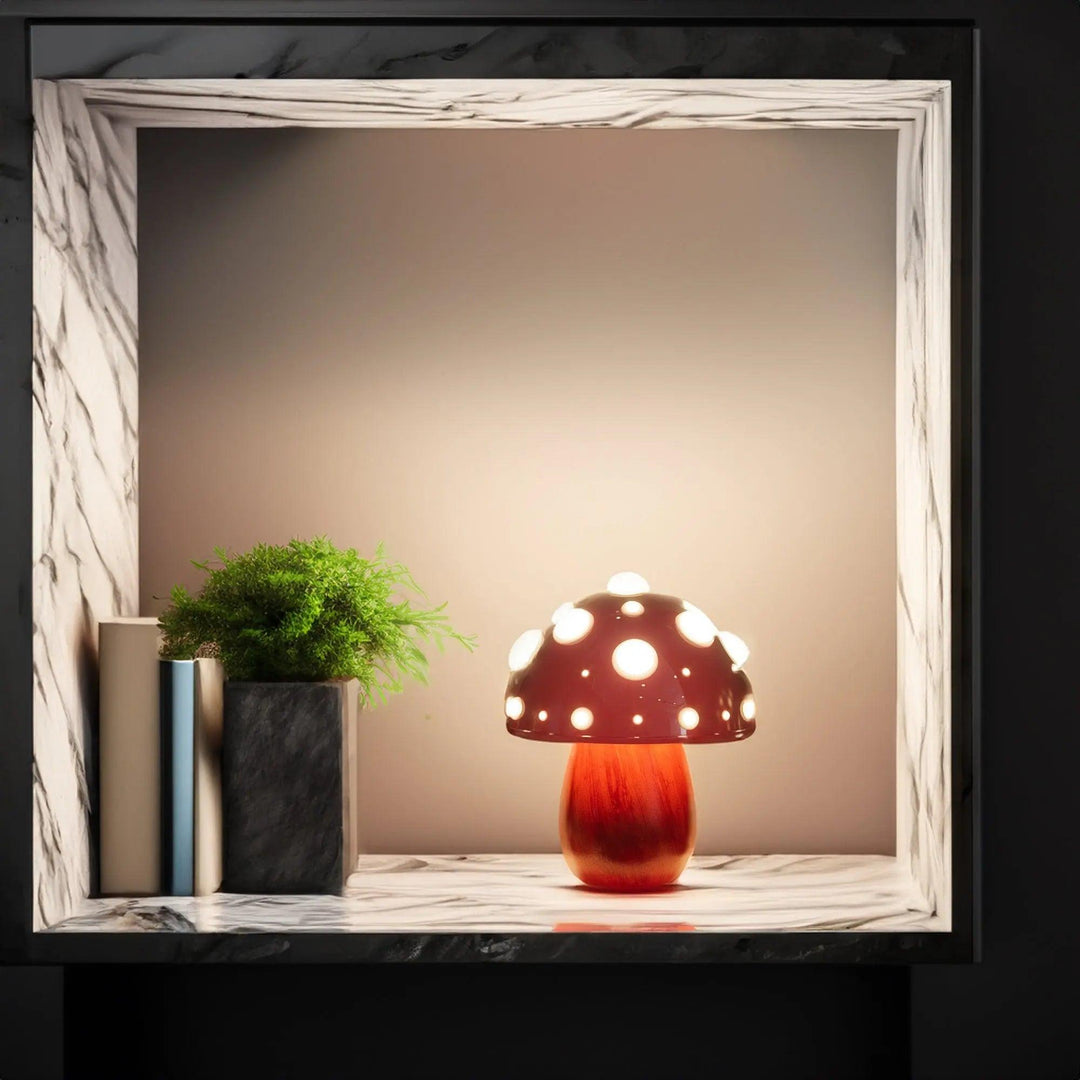 Mushroom-Inspired Table Lamp with Adjustable Lighting – Cordless Design, Wood Base and Aluminium Dome for Cozy Home Illumination