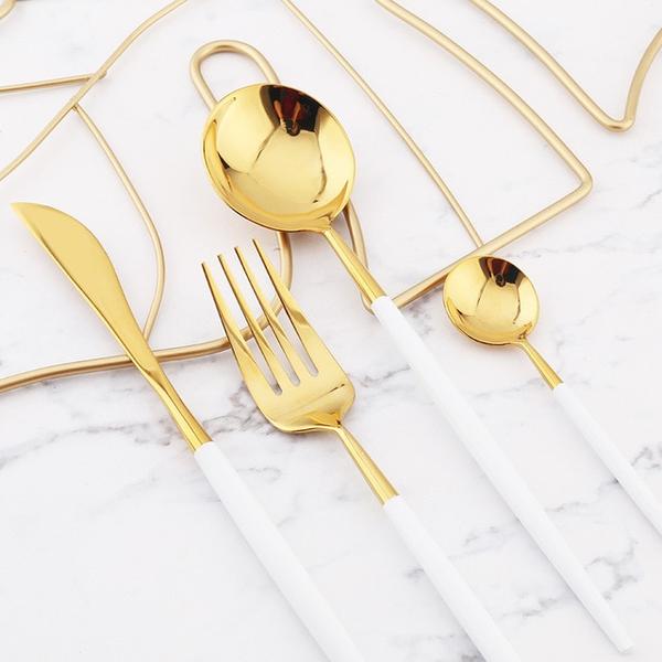 Modern White and Gold Flatware Set – 24-Piece Stainless Steel Cutlery for Elegant Dining