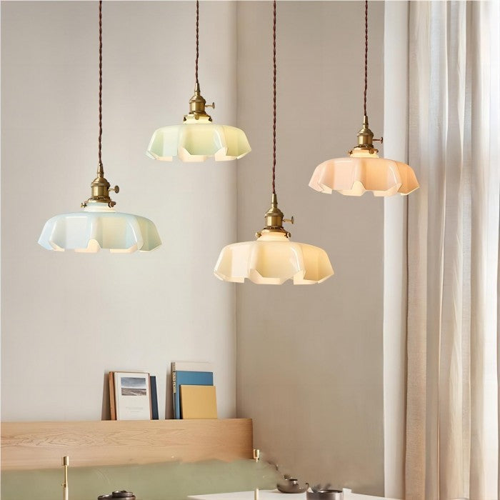Vintage Glass Flower Pendant Lamp - Elegant Retro Cream Lighting Fixture