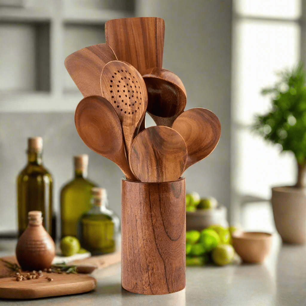 Premium Teak Wooden Utensil Set – Durable Eco-Friendly Cooking Utensils for Versatile Kitchen Use