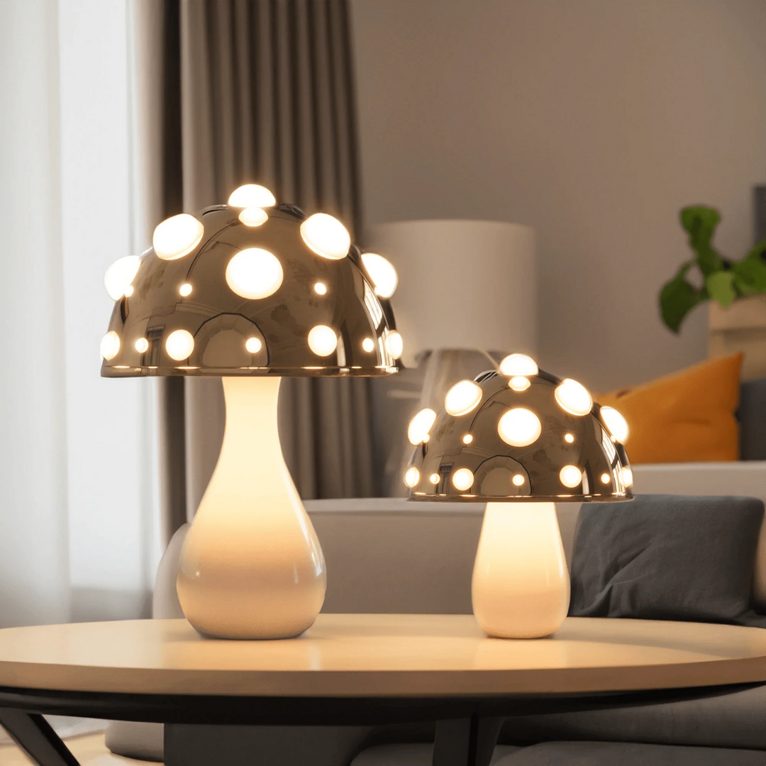 Golden Mushroom Table Lamp - Adjustable Cordless and Corded Desk or Bedside Lamp with 3 Lighting Modes, Warm LED Illumination