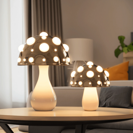 Golden Mushroom Table Lamp - Adjustable Cordless and Corded Desk or Bedside Lamp with 3 Lighting Modes, Warm LED Illumination
