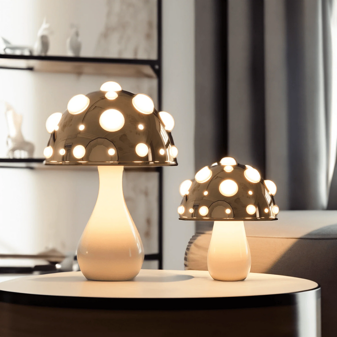 Golden Mushroom Table Lamp - Adjustable Cordless and Corded Desk or Bedside Lamp with 3 Lighting Modes, Warm LED Illumination
